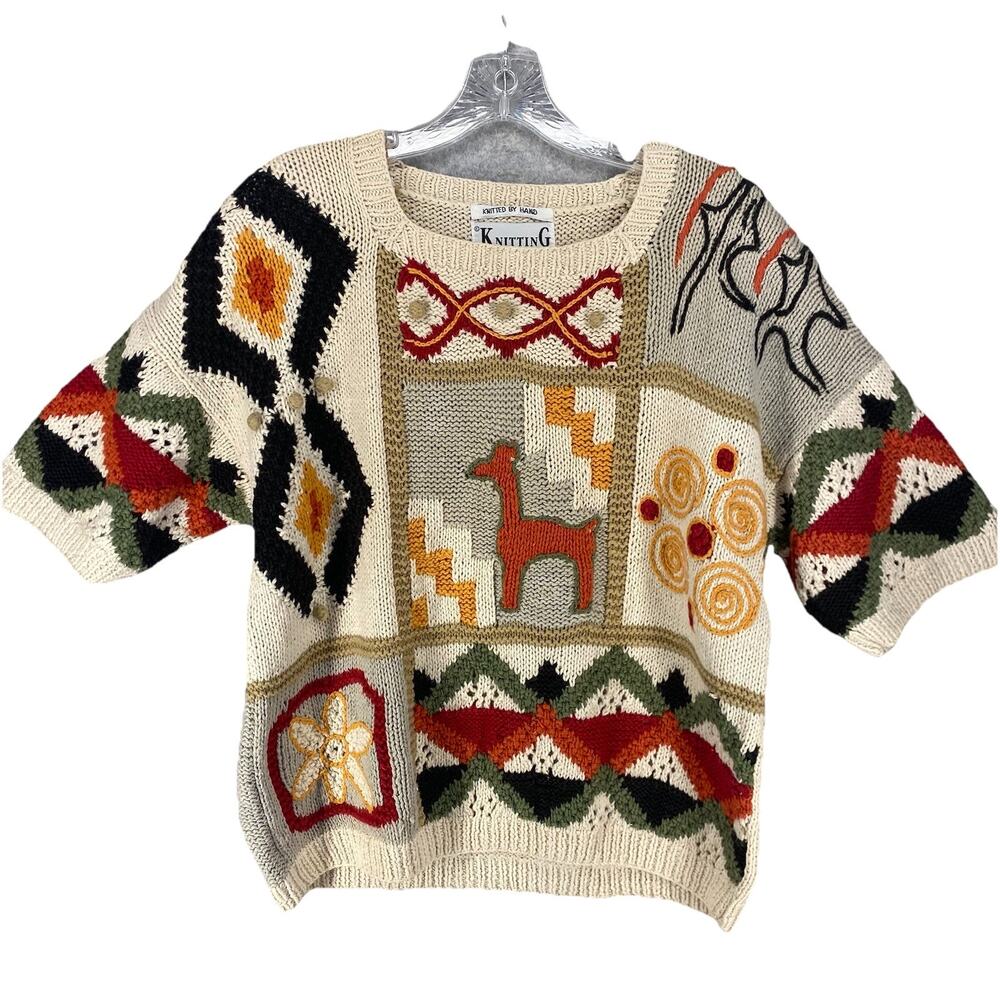 🤍 Knitting Needles Womens M Cream Alpaca Design Sweater Vintage 🤍